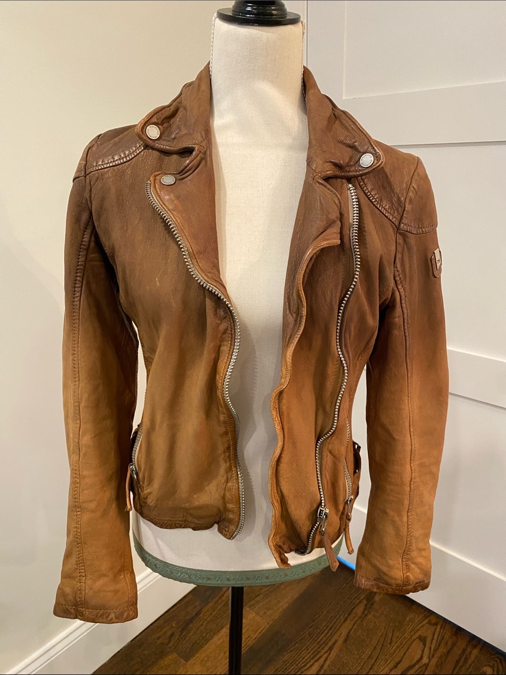 Women's Cognac Leather Moto Jacket with Asymmetrical Zip